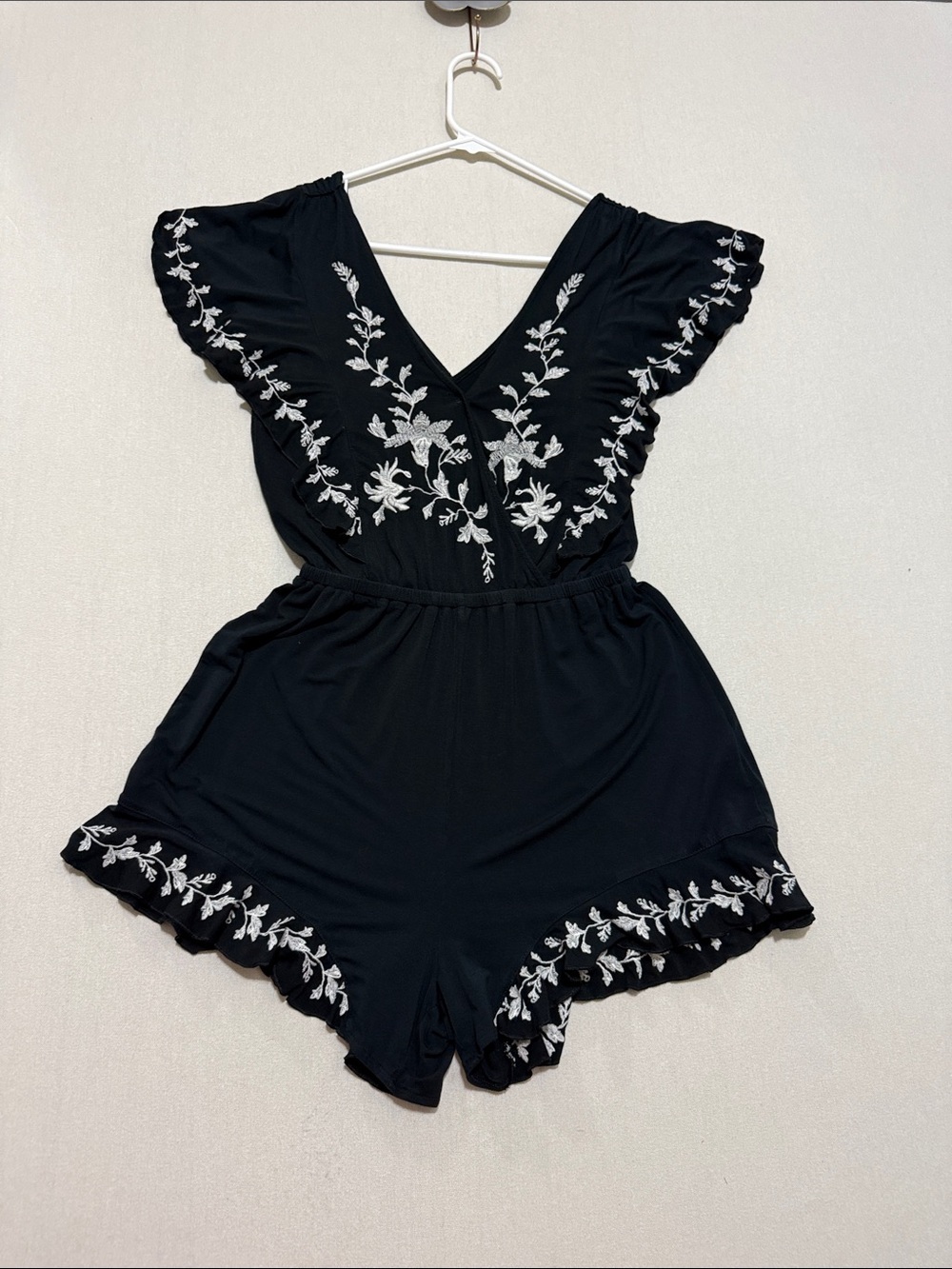 American Eagle Outfitters Black Romper with White Floral Embroidery Accents